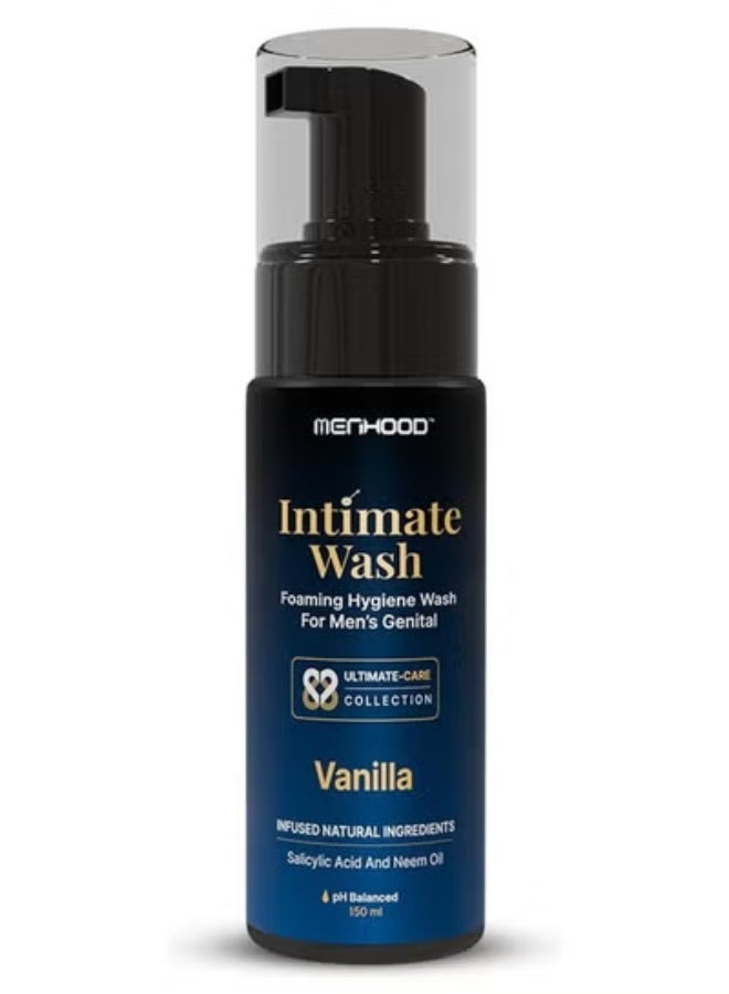 MENHOOD Intimate Wash for Men 150 ML| Tea Tree Oil Essential Neem Oil | Men Genital Wash |Mens Ball Hygiene |Anti-Fungal Foaming Wash | PH Balanced |Skin Brightening | Long- Lasting Freshness (Vanilla) - Image 1